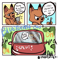 Size: 940x940 | Tagged: suggestive, artist:trashcamell, canine, dog, fox, mammal, anthro, bluetooth, brown body, brown fur, car, cheek fluff, comic, derp, driving, english text, fluff, frustrated, fur, male, males only, onomatopoeia, orange body, orange fur, phone, speech bubble, text, tongue, tongue out, vehicle, yiff
