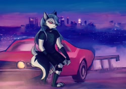 Size: 2048x1446 | Tagged: safe, artist:trashcamell, loona (vivzmind), canine, fictional species, hellhound, mammal, anthro, digitigrade anthro, hazbin hotel, helluva boss, black body, black fur, blue hair, car, cityscape, clothes, ford mustang, fur, hair, leaning on car, male, paw pads, paws, pentagram, red eyes, rule 63, shirt, solo, solo male, tail, tail tuft, topwear, vehicle, white body, white fur