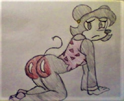 Size: 490x400 | Tagged: suggestive, artist:midday sun, mammal, mouse, rodent, anthro, disney, abstract background, black eyes, black hair, bottomless, butt, clothes, feet, felicity fieldmouse (disney), female, frowning, fur, gray body, gray fur, hair, hands, irl, looking at you, looking back, looking back at you, low res, nudity, partial nudity, photo, photographed artwork, red butt, shiny, simple background, solo, solo female, spanked, tail, toony, topwear, traditional art, white background, white body, white fur