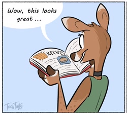 Size: 1759x1586 | Tagged: safe, artist:strawbear_arts, artist:toontailscomics, collaboration, cervid, deer, mammal, anthro, book, brown body, brown fur, clothes, collar, comic, female, fluff, food, fur, head fluff, holding, holding book, holding object, pie, reading, solo, solo female, speech bubble, tank top, topwear, white body, white fur