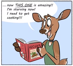 Size: 1761x1598 | Tagged: safe, artist:strawbear_arts, artist:toontailscomics, collaboration, cervid, deer, mammal, rat, rodent, anthro, book, brown body, brown fur, chef's hat, clothes, collar, comic, ear fluff, excited, female, fluff, fur, hat, head fluff, holding, holding book, holding object, reading, solo, solo female, speech bubble, tail, tank top, topwear, whiskers, white body, white fur, wooden spoon