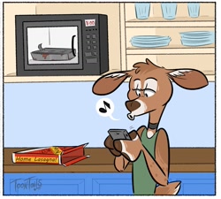 Size: 1765x1586 | Tagged: safe, artist:strawbear_arts, artist:toontailscomics, collaboration, cervid, deer, mammal, anthro, brown body, brown fur, clothes, collar, comic, female, fluff, fur, glass, head fluff, kitchen, lasagna, microwave, phone, plate, solo, solo female, speech bubble, tank top, topwear, whistling, white body, white fur