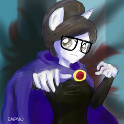 Size: 1000x1000 | Tagged: safe, artist:empyu, raven (dc comics), raven inkwell (mlp), equine, fictional species, mammal, pony, unicorn, anthro, friendship is magic, hasbro, my little pony, teen titans, 30 minute art challenge, anthrofied, cambion costume, clothes, cosplay, costume, crossover, explicit source, female, glasses, mare, meganekko, namesake, pun, solo, solo female