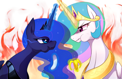 Size: 1549x1011 | Tagged: safe, artist:maren, princess celestia (mlp), princess luna (mlp), alicorn, equine, fictional species, mammal, pony, feral, friendship is magic, hasbro, my little pony, 2017, angry, arguing, banana, banana peel, duo, duo female, eating, female, fire, food, fruit, herbivore, looking at each other, mare, siblings, sister, sisters, sparkly mane