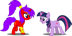 Size: 1263x632 | Tagged: safe, artist:siblgi, shantae (shantae), twilight sparkle (mlp), equine, fictional species, genie, genie pony, mammal, pony, unicorn, feral, friendship is magic, hasbro, my little pony, shantae (series), crossover, duo, duo female, female, feralized, furrified, happy, implied transformation, looking at each other, mare, ponified, smiling, species swap