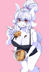 Size: 840x1225 | Tagged: suggestive, artist:queenashi, lucifer (helltaker), bovid, goat, mammal, anthro, helltaker, 5 fingers, apron, arm fluff, big breasts, breasts, chocolate, cleavage, clothes, crepes, eyebrow through hair, eyebrows, eyelashes, female, fluff, food, fork, fur, goat lucifer, hair, holding, holding object, horizontal pupils, horns, huge breasts, leg fluff, looking at you, mole (marking), nudity, pink background, plate, red eyes, shoulder fluff, simple background, solo, solo female, species swap, tail, tongue, tongue out, white body, white fur, white hair, wide hips