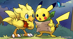 Size: 1876x1000 | Tagged: safe, artist:blitzdrachin, arthropod, bird, butterfly, chocobo, fictional species, galliform, insect, mammal, pikachu, feral, final fantasy, nintendo, pokémon, square enix, ambient insect, ambient wildlife, clothes, duo, map, open mouth, scarf, scenery