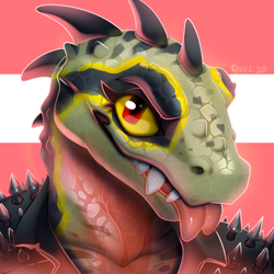 Size: 1000x1000 | Tagged: safe, artist:fivel, oc, oc:gama (fivel), dragon, fictional species, anthro, armor, bust, colored sclera, portrait, red eyes, spines, tongue, tongue out