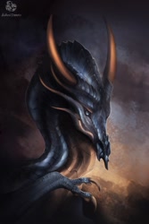 Size: 853x1280 | Tagged: safe, artist:darknessprotection, dragon, fictional species, reptile, scaled dragon, feral, ambiguous gender, bust, horns, portrait, solo, solo ambiguous