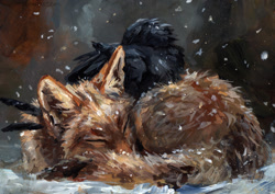 Size: 1043x739 | Tagged: safe, artist:kenket, bird, canine, corvid, crow, fox, mammal, songbird, feral, ambiguous gender, duo, sleeping, snow