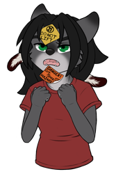 Size: 400x600 | Tagged: safe, artist:slowfag, oc, oc only, oc:seff blackmane, canine, dire wolf, mammal, wolf, anthro, abstract background, black hair, clothes, fangs, feathers, female, fist, funny, fur, gray body, gray fur, green eyes, hair, hands, looking at you, open mouth, sharp teeth, shirt, simple background, solo, solo female, sticky note, t-shirt, teeth, text, topwear, transparent background