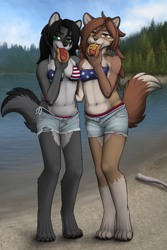 Size: 800x1200 | Tagged: suggestive, artist:slowfag, oc, oc only, oc:luna, oc:seff blackmane, canine, dire wolf, fictional species, mammal, werewolf, anthro, digitigrade anthro, american flag apparel, belly button, bikini, black body, black fur, black hair, bottomwear, bratwurst, brown body, brown fur, brown hair, camp pines, clothes, duo, eating, female, fluff, food, fur, gray body, gray fur, green eyes, hair, hand on shoulder, hand on waist, hot dog, jewelry, ketchup, looking at you, mustard, necklace, open mouth, orange eyes, panties, scenery, shorts, standing, swimsuit, tail, tail fluff, tan body, tan fur, thong