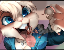 Size: 1000x784 | Tagged: suggestive, artist:skeleion, oc:lily (ralenfox), lagomorph, mammal, mouse, rabbit, rodent, anthro, semi-anthro, comic:lily nom, 2020, blue eyes, bust, clothes, female, group, herbivore confusion, imminent vore, male, mawshot, micro, open mouth, saliva, size difference, trio, vore