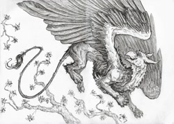 Size: 1280x917 | Tagged: safe, artist:siberian-demon, bird, feline, fictional species, gryphon, mammal, feral, feathered wings, feathers, flower, flying, male, monochrome, solo, solo male, spread wings, tail, tail tuft, wings