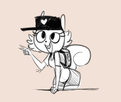 Size: 849x712 | Tagged: safe, artist:mcsweezys, oc, oc only, oc:frag (mcsweezys), mammal, rodent, squirrel, anthro, backpack, bottomwear, buckteeth, chibi, clothes, female, hat, heart, leaning forward, open mouth, shirt, shorts, simple background, smiling, solo, solo female, tail, teeth, topwear