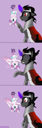 Size: 900x2700 | Tagged: safe, artist:enigmadoodles, king sombra (mlp), princess flurry heart (mlp), alicorn, equine, fictional species, mammal, pony, unicorn, feral, friendship is magic, hasbro, my little pony, 2019, :p, boop, cape, clothes, comic, crown, diaper, duo, feathered wings, feathers, female, foal, glowing, glowing horn, hilarious in hindsight, hoof shoes, hooves, horn, jewelry, magic, male, pink background, purple background, raised hoof, regalia, signature, simple background, sitting, stallion, telekinesis, tongue, tongue out, upside down, wings, young