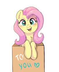 Size: 2856x3508 | Tagged: safe, artist:pucksterv, fluttershy (mlp), equine, fictional species, mammal, pegasus, pony, feral, friendship is magic, hasbro, my little pony, 2020, blushing, box, chest fluff, cute, cyan eyes, feathered wings, feathers, female, fluff, folded wings, gift art, heart, heart eyes, high res, looking at you, mare, simple background, solo, solo female, text, transparent background, wingding eyes, wings