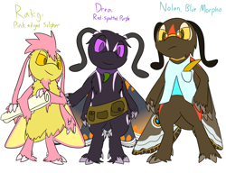 Size: 1300x1000 | Tagged: safe, artist:enigmadoodles, oc, oc only, oc:drea, oc:nolan (engimadoodles), oc:rakgi, arthropod, butterfly, insect, anthro, digitigrade anthro, 2016, clothes, female, frowning, group, insect wings, male, simple background, smiling, trio, white background, wings
