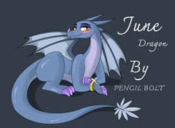 Size: 3192x2328 | Tagged: safe, artist:pencil bolt, oc, oc only, oc:june (pencil bolt), dragon, fictional species, western dragon, feral, bedroom eyes, blue background, blushing, bracelet, character name, dragoness, female, high res, horn, jewelry, looking at you, lying down, nose horn, prone, simple background, slit pupils, smiling, solo, solo female, spread wings, tail, text, wings