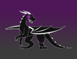 Size: 2268x1724 | Tagged: safe, artist:pencil bolt, dragon, ender dragon, fictional species, semi-anthro, minecraft, ambiguous gender, claws, colored sclera, glowing, glowing eyes, gradient background, jean?, open mouth, purple eyes, purple sclera, sharp teeth, solo, solo ambiguous, spikes, tail, teeth