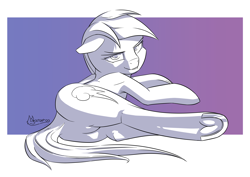 Size: 3496x2480 | Tagged: suggestive, alternate version, artist:madgehog, equine, fictional species, mammal, pegasus, pony, feral, hasbro, my little pony, butt, female, females only, high res, hooves, line art, looking at you, looking back, looking back at you, mare, tail, underhoof