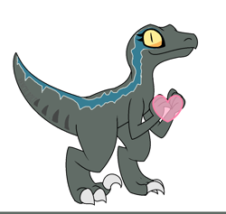 Size: 1192x1128 | Tagged: safe, artist:pencil bolt, blue (jurassic world), dinosaur, raptor, theropod, velociraptor, semi-anthro, jurassic park, jurassic world, universal pictures, colored sclera, female, heart, looking at you, signature, simple background, slit pupils, smiling, solo, solo female, tail, toe claws, white background, yellow sclera