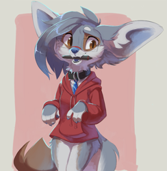 Size: 1113x1142 | Tagged: safe, artist:reign-2004, oc, oc only, oc:maxwell (reign-2004), canine, fennec fox, fox, mammal, semi-anthro, abstract background, big ears, bottomless, brown eyes, claws, clothes, collar, cute, ears, fangs, fluff, front view, fur, glasses, gray body, gray fur, gray hair, hair, head fluff, holding, hoodie, leg fluff, looking at you, male, mouth hold, neck fluff, nudity, partial nudity, sharp teeth, simple background, solo, solo male, tail, tail fluff, teeth, topwear, white body, white fur