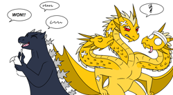 Size: 2568x1416 | Tagged: safe, artist:pencil bolt, godzilla (godzilla), king ghidorah (godzilla), dragon, fictional species, hydra, kaiju, reptile, anthro, godzilla (series), angry, bandages, colored sclera, derp, duo, duo male, eyes closed, gritted teeth, horns, kevin ghidorah, male, males only, multiple heads, open mouth, paper, pencil, red sclera, scales, sharp teeth, shrunken pupils, simple background, slit pupils, smiling, speech bubble, spikes, teeth, three heads, tongue, tongue out, white background