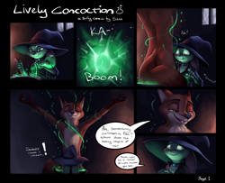 Size: 2248x1825 | Tagged: suggestive, artist:s1m, judy hopps (zootopia), nick wilde (zootopia), canine, fox, lagomorph, mammal, rabbit, red fox, anthro, comic:lively concoction, disney, zootopia, blushing, butt, cauldron, chest fluff, choker, clothes, comic, complete nudity, dialogue, duo, embarrassed, exclamation point, explicit source, explosion, eyes closed, eyes on the prize, fangs, female, flask, floppy ears, fluff, fur, gray body, gray fur, green eyes, halloween, hat, high res, holiday, interspecies, long ears, looking at someone, looking sideways, magic, male, male/female, nudity, open mouth, orange body, orange fur, purple eyes, raised arms, sharp teeth, shipping, speech bubble, tail, talking, tan body, tan fur, teeth, tongue, wildehopps (zootopia), witch, witch hat