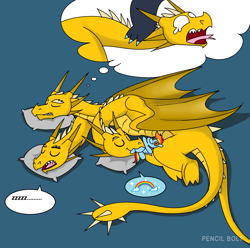 Size: 1948x1936 | Tagged: safe, artist:pencil bolt, godzilla (godzilla), king ghidorah (godzilla), rainbow dash (mlp), dragon, equine, fictional species, hydra, kaiju, mammal, pegasus, pony, reptile, semi-anthro, friendship is magic, godzilla (series), hasbro, my little pony, blue background, clubbed tail, crossover, crying, dreaming, eyes closed, feet, gritted teeth, holding, kevin ghidorah, lying down, male, mouth hold, multiple heads, nightmare, offscreen character, on side, open mouth, pain, pillow, plushie, rainbow, sharp teeth, signature, simple background, sleeping, smiling, solo, solo male, sparkles, speech bubble, spikes, stomp, tail, teeth, thought bubble, three heads, tongue, tongue out, underfoot