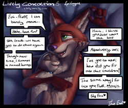 Size: 1422x1200 | Tagged: safe, artist:s1m, judy hopps (zootopia), nick wilde (zootopia), canine, fox, lagomorph, mammal, rabbit, red fox, anthro, comic:lively concoction, disney, zootopia, 2019, anthro/anthro, bed, cheek fluff, chest fluff, comic, complete nudity, cuddling, dialogue, digital art, duo, ear fluff, explicit source, eyes closed, fangs, female, flat chest, fluff, fur, gray body, gray fur, green eyes, hand on face, hug, interspecies, jewelry, lying down, male, male/female, necklace, nudity, on back, on bed, one eye closed, open mouth, orange body, orange fur, sharp teeth, shipping, speech bubble, talking, tan body, tan fur, teeth, tongue, wildehopps (zootopia)
