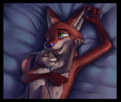 Size: 1422x1200 | Tagged: safe, alternate version, artist:s1m, judy hopps (zootopia), nick wilde (zootopia), canine, fox, lagomorph, mammal, rabbit, red fox, anthro, disney, zootopia, 2019, anthro/anthro, bed, cheek fluff, chest fluff, complete nudity, cuddling, digital art, duo, ear fluff, explicit source, eyes closed, fangs, female, flat chest, fluff, fur, gray body, gray fur, green eyes, hand on face, hug, interspecies, jewelry, lying down, male, male/female, necklace, nudity, on back, on bed, one eye closed, open mouth, orange body, orange fur, sharp teeth, shipping, tan body, tan fur, teeth, tongue, wildehopps (zootopia)