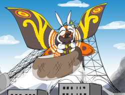Size: 3008x2288 | Tagged: safe, artist:pencil bolt, mothra (godzilla), fictional species, kaiju, semi-anthro, godzilla (series), antennae, arm behind head, building, cloud, eyes closed, female, high res, multiple arms, open mouth, outdoors, raised arm, sky, solo, solo female, spread wings, stretching, tokyo, waking up, wings, yawning