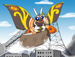Size: 3008x2288 | Tagged: safe, alternate version, artist:pencil bolt, mothra (godzilla), fictional species, kaiju, semi-anthro, godzilla (series), antennae, arm behind head, building, cloud, female, high res, multiple arms, outdoors, raised arm, sky, solo, solo female, spread wings, stretching, tokyo, waking up, wings