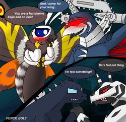 Size: 1532x1480 | Tagged: safe, artist:pencil bolt, godzilla (godzilla), mothra (godzilla), fictional species, kaiju, reptile, anthro, godzilla (series), angry, blue sclera, blushing, colored sclera, cyborg, dialogue, female, fighting, gigan (godzilla), gritted teeth, hand behind head, hand on face, horn, in love, interspecies, looking at each other, male, male/female, mechanical hand, monster x (godzilla), multiple arms, open mouth, picture-in-picture, sharp teeth, shipping, signature, smiling, spikes, talking, teeth