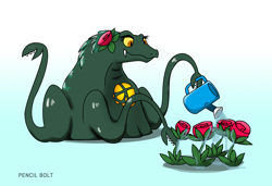 Size: 2528x1728 | Tagged: safe, artist:pencil bolt, animate plant, fictional species, kaiju, feral, godzilla (series), biollante (godzilla), colored sclera, fangs, female, flower, flower on head, gradient background, looking down, open mouth, rose, sharp teeth, signature, solo, solo female, teeth, tentacles, water, watering, watering can, yellow sclera