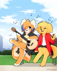 Size: 2000x2500 | Tagged: safe, artist:accelldraws, oc, oc only, oc:aaron (accelldraws), oc:friday (accelldraws), canine, cat, dog, feline, golden retriever, mammal, semi-anthro, acoustic guitar, bench, blue eyes, blue hair, bottomwear, chest fluff, city, clothes, cloud, duo, dyed hair, ear fluff, eyes closed, female, fluff, fur, guitar, hair, hair over one eye, head fluff, high res, leg fluff, male, musical instrument, musical note, open mouth, orange body, orange fur, orange hair, park, park bench, paw pads, paws, shirt, shorts, signature, singing, sitting, sky, skyline, smiling, tail, tail wag, tan body, tan fur, topwear, whiskers