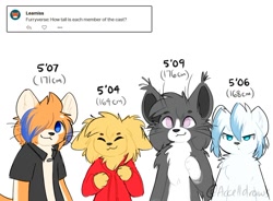 Size: 1000x735 | Tagged: safe, artist:accelldraws, oc, oc only, oc:aaron (accelldraws), oc:friday (accelldraws), oc:rin (accelldraws), oc:valence (accelldraws), arctic fox, canine, cat, dog, feline, fox, golden retriever, mammal, semi-anthro, 2020, ambiguous gender, ask, blue eyes, chest fluff, clothes, female, fluff, frowning, group, hair, hair over one eye, height chart, hoodie, looking at you, male, shirt, simple background, size comparison, smiling, smiling at you, topwear, white background