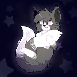 Size: 1500x1500 | Tagged: safe, artist:accelldraws, oc, oc only, oc:valence (accelldraws), cat, feline, maine coon, mammal, semi-anthro, 2020, abstract background, fur, gray body, gray fur, holding, hug, male, multiple tails, smiling, solo, solo male, tail, tail hold, tail hug, two tails