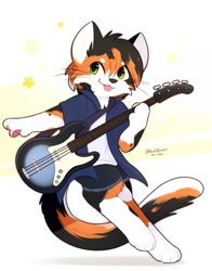 Size: 1375x1750 | Tagged: safe, artist:accelldraws, oc, oc only, oc:fennel (accelldraws), calico, cat, feline, mammal, anthro, digitigrade anthro, 2020, abstract background, bass guitar, blep, guitar, looking at you, male, musical instrument, smiling, smiling at you, solo, solo male, tongue, tongue out
