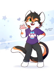 Size: 1150x1500 | Tagged: safe, artist:accelldraws, oc, oc only, oc:fennel (accelldraws), calico, cat, feline, mammal, anthro, digitigrade anthro, 2020, 4 fingers, abstract background, bottomwear, clothes, flag, looking at you, one eye closed, open mouth, pants, pride, pride flag, shirt, smiling, smiling at you, t-shirt, topwear, transgender pride flag, waving, winking
