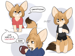 Size: 2000x1500 | Tagged: safe, artist:accelldraws, oc, oc only, oc:camille (accelldraws), canine, fennec fox, fox, mammal, anthro, digitigrade anthro, 2020, bottomwear, clothes, coffee, dialogue, drink, female, frowning, hoodie, mug, shirt, shorts, smiling, talking, tired, topwear, vixen