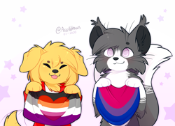 Size: 1725x1250 | Tagged: safe, artist:accelldraws, oc, oc only, oc:friday (accelldraws), oc:valence (accelldraws), canine, cat, dog, feline, golden retriever, maine coon, mammal, semi-anthro, 2020, abstract background, asexual pride flag, beanbrows, bisexual pride flag, blushing, cheek fluff, duo, ear fluff, ear tuft, eyes closed, female, flag, fluff, fur, gray body, gray fur, head fluff, lesbian pride flag, looking at you, male, neck fluff, paws, pink background, pink eyes, pride, pride flag, signature, simple background, smiling, smiling at you, stars, tail, tail wag, tan body, tan fur, tongue, tongue out, whiskers, white body, white fur