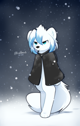 Size: 1500x2375 | Tagged: safe, artist:accelldraws, oc, oc only, oc:rin (accelldraws), arctic fox, canine, fox, mammal, anthro, digitigrade anthro, 2020, ambiguous gender, blue eyes, cloak, frowning, fur, snow, solo, solo ambiguous, tail, white body, white fur