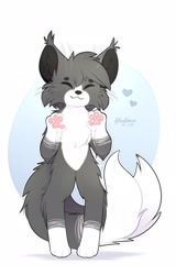 Size: 1650x2575 | Tagged: safe, artist:accelldraws, oc, oc only, oc:valence (accelldraws), cat, feline, maine coon, mammal, semi-anthro, 2020, abstract background, beanbrows, bipedal, cheek fluff, chest fluff, ear tuft, eyes closed, fluff, fur, gray body, gray fur, heart, leg fluff, male, multiple tails, nudity, paw pads, paws, signature, simple background, smiling, solo, solo male, tail, tail fluff, two tails, white background
