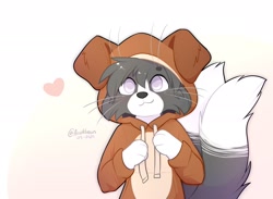 Size: 1800x1319 | Tagged: safe, artist:accelldraws, oc, oc only, oc:valence (accelldraws), cat, feline, maine coon, mammal, semi-anthro, 2020, blind, clothes, cute, fur, gray body, gray fur, heart, hoodie, looking at you, male, multiple tails, smiling, smiling at you, solo, solo male, tail, topwear, two tails, white body, white fur