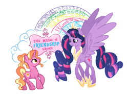 Size: 900x675 | Tagged: safe, artist:santamouse23, luster dawn (mlp), twilight sparkle (mlp), alicorn, equine, fictional species, mammal, pony, unicorn, feral, friendship is magic, hasbro, my little pony, 2019, crown, duo, duo female, feathered wings, feathers, female, flowing mane, hoof shoes, horn, jewelry, mare, peytral, regalia, simple background, smiling, tail, transparent background, watermark, wings