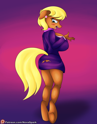 Size: 2200x2800 | Tagged: suggestive, artist:novaspark, ms. harshwhinny (mlp), earth pony, equine, fictional species, mammal, pony, anthro, unguligrade anthro, friendship is magic, hasbro, my little pony, anthrofied, big breasts, blushing, breasts, clothes, embarrassed, female, frog (hoof), high res, hooves, looking back, patreon, patreon logo, solo, solo female, torn clothes, underhoof
