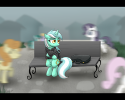 Size: 2263x1800 | Tagged: safe, artist:dawnmistpony, cloud kicker (mlp), golden harvest (mlp), lyra heartstrings (mlp), rarity (mlp), sprinkle medley (mlp), twinkleshine (mlp), earth pony, equine, fictional species, mammal, pony, unicorn, feral, fanfic:background pony (mlp), friendship is magic, hasbro, my little pony, bench, blurry, both cutie marks, bottomless, case, clothes, crossed hooves, crowd, cutie mark, fanfic, female, fur, green body, green fur, green hair, group, hair, hoodie, hooves, horn, lonely, mare, motion blur, multicolored hair, nudity, partial nudity, ponies wearing black, sad, sitting, solo focus, tail, teal fur, teal hair, topwear, two toned hair, white hair