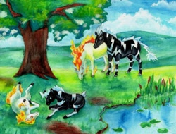 Size: 500x379 | Tagged: artist needed, safe, blitzle, equine, fictional species, mammal, ponyta, rapidash, zebra, zebstrika, feral, nintendo, pokémon, ambiguous gender, foal, grass, grazing, group, herbivore, hoers, low res, plant, pond, tree, water, young